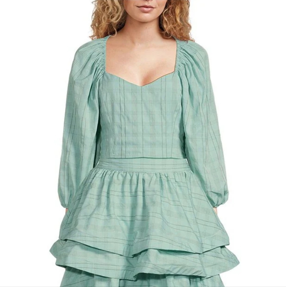 Buru Sweetheart Neck 3/4 Balloon Sleeve Textured Stripe Smocked Top & Skirt Set - Picture 4 of 16